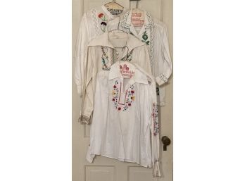 4 Vintage Embroidered Shirts Ivory Cotton Size Small - Medium