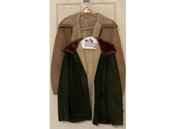 2 Vintage Shearling Coats For Men, One Forest Green The Other Tan, Size Large