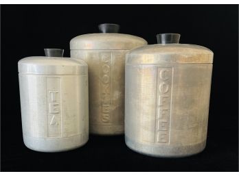 3 Vintage Aluminum Canisters With Lids Tea, Coffee, Cookies