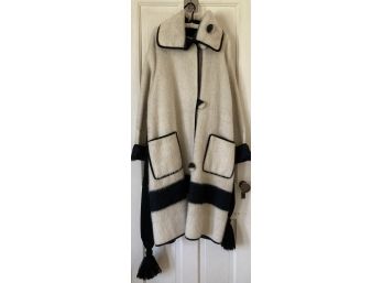 Vintage Black And White Natural Wool Coat, Full Length