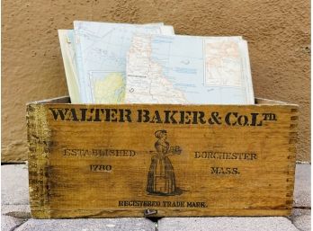 Large Lot Vintage Maps In Antique Dovetailed Wood Box