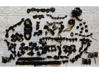 Antique Jet Applique Victorian Mourning Beadwork For Crafts Or Reworking Lot Includes Jet Buttons