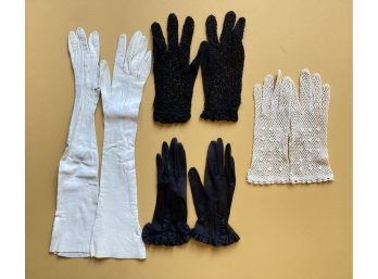 4 Pairs Of Antique Ladies Gloves Included Crocheted And Calf Skin Ones