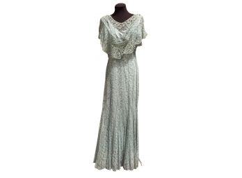 Antique Sage Green Chantilly Lace Long Gown Very Small With Under Slip Discoloration At Shoulder & Small Tear