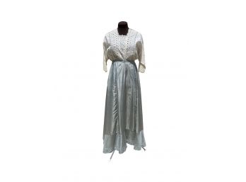 2 Piece Antique Ladies Set With Light Blue Silk Skirt And Ivory Eyelet Cotton Blouse