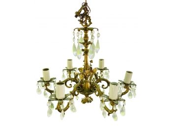 Lovely Ornate Vintage Brass 6 Arm Chandelier With Crystal Drops