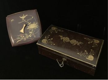 Vintage/Antique Japanese Wooden Lacquer Box And An Inlaid Wood Jewelry Box