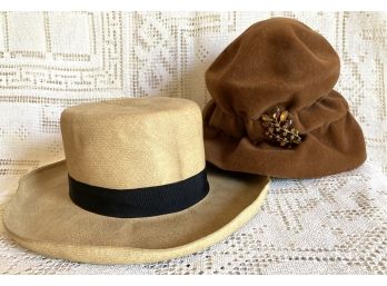 Antique Men's Panama Hat And Ladies French Velour Camel Color Hat With Brooch