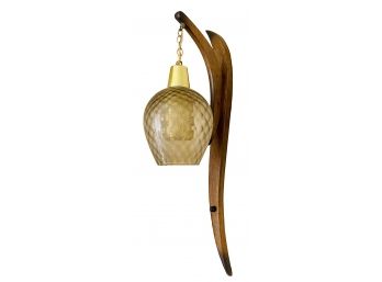 MCM Hanging Wall Lamp With Wood Sconce & Smoked Glass Shade