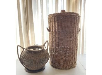 2 Piece Antique Wicker Basket With Handles 13 Inches Open Works Some Broken Pieces And Large Lidded Hamper