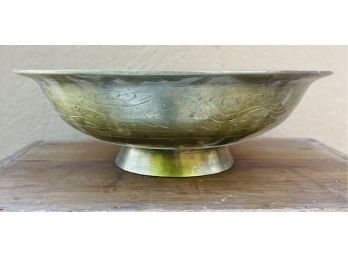 Antique 10' Diameter Brass Footed Bowl With Etched Design