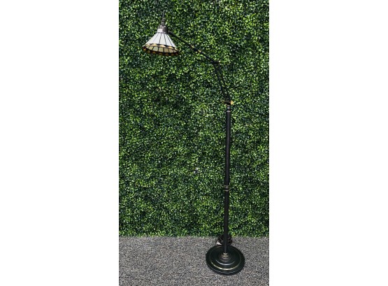 Bronze Tone Arm Floor Lamp With Slag Glass Shade Halogen Bulbs