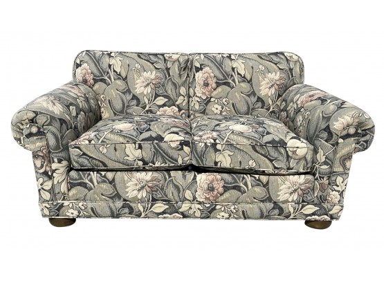 Custom High End Love Seat By Kisabeth Upholstered In Sage, Black & Beige Floral Fabric 1 Of 2 Good Condition
