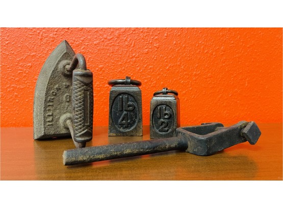 Assorted Cast Iron Lot With Antique Sad Iron  Wall Hook & Weights