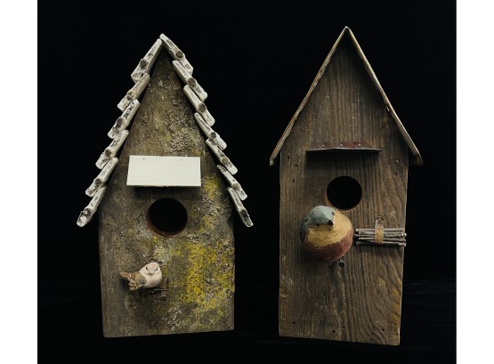 2 Handmade Bird Houses, 1 With License Plate Roof