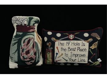 2 Golf Themed Tapestry Items, 1 Door Stop 15' Clubs And 19th Hole Accent Pillow