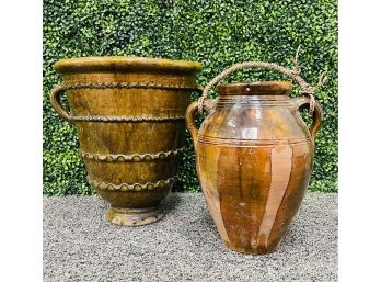 2 Large Glazed Clay Floor Vases 1 With Handle