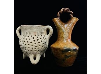 2 Clay Pottery Vases 1 Pierced, 1 Wedding