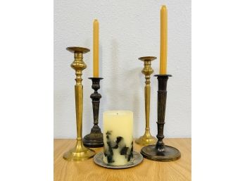 2 Pairs Of Candlesticks, 1 Solid Brass & 2 Pillars