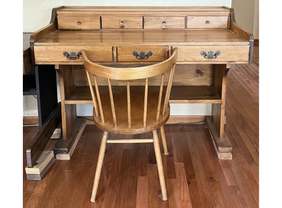 Vintage Wooden Secretary Style Desk W/ Simple Wooden Chair