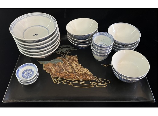 Large Collection Of Oriental Blue & White Rice Bowls, Tray & More