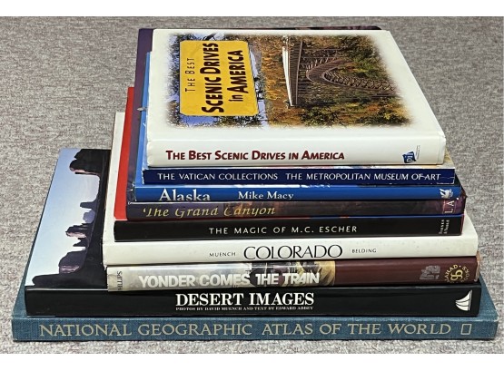 Assorted World Books Incl. National Geographic Atlas Of The World, Desert Images, & More