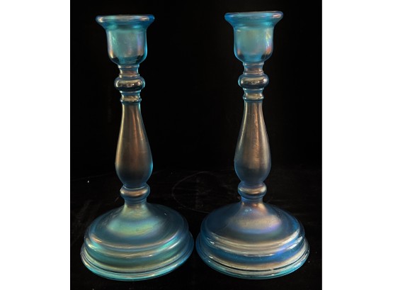 2 Antique Iridescent Blue Candleholders