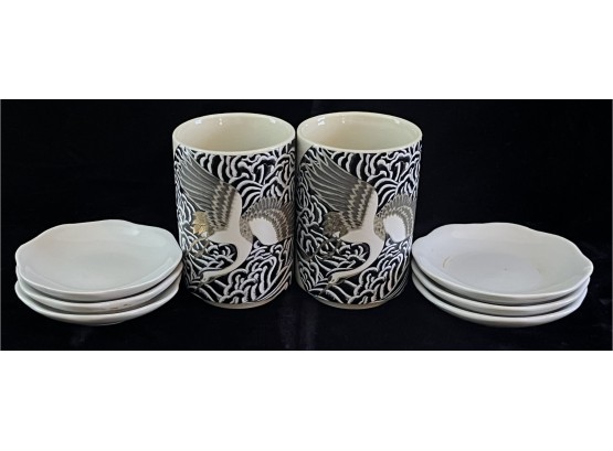 2 Crane Porcelain Cups & Small Pieri Plates
