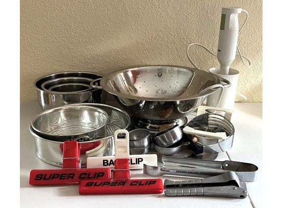Assorted Kitchen Lot Incl. Super Clips, Tongs, Nut Cracker, Mixing Bowls, & More