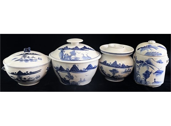 4pc Collection Of Vintage Chinese Chinoiserie Serving Dishes Incl. Rice Serving Pot W/ Lid & More