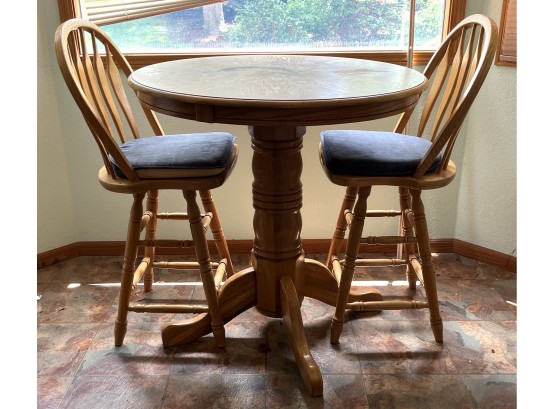 Tall Round Wooden Table & 2 Barstools