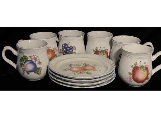 4 International Tableworks Ceramic Assorted Fruit Plates W/ 6 Mugs