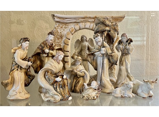 Large Ceramic Glazed Nativity Scene Set W/ Gold-toned Accents