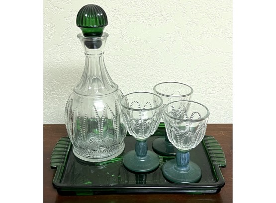 Vintage Avon Emerald Green Beaded Glass Wine Decanter W/ 3 Glasses & Tray