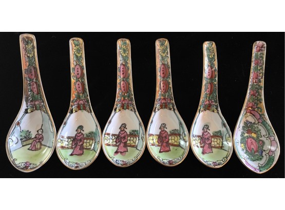 6pc Collection Of Antique Oriental Rose Design Porcelain Soup Spoons