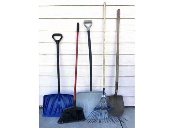 Assorted Lot Of Tools Incl. Snow Shovel, Leaf Rake & More