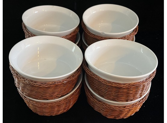 8 White Porcelain Bowls W/ Wicker Covers