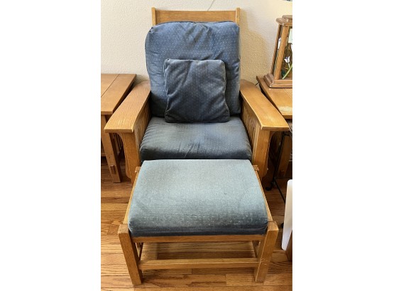 Wooden Mission Style Blue Upholstered Armchair W/ Ottoman