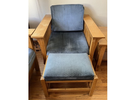 Vintage Mission Style Blue Upholstered Chair W/ Ottoman