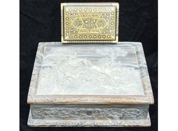 2 Jewelry Trinket Boxes Incl. Genuine Incolay Stone & Small Wooden Trinket Box
