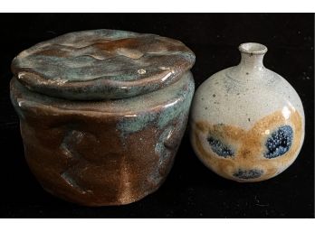 2pc  Hand Made Stoneware Lidded Jar & Vase