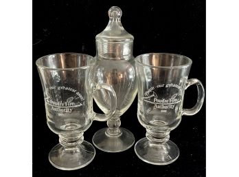 3pc Glass Lot Incl. 2 Poudre Fire Authority 1991 Glasses & 8'' Clear Glass Pedestal Candy Jar