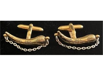 Antique Hand Carved Gold-plated Nautical Horn Chain Cuff Links 6.93g