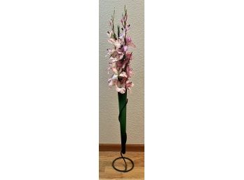 Tall Green Glass Flower Vase W/ Metal Stand & Faux Pink Gladiola Arrangement