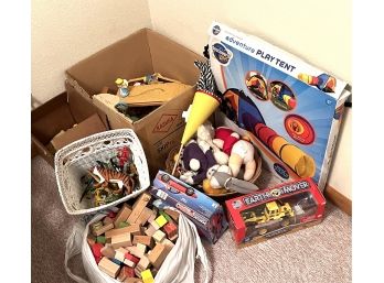 Assorted Toy Lot Incl. Wooden Play Blocks, Nativity Little People, & More