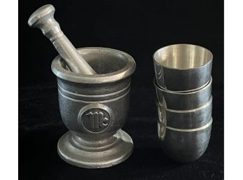 Pewter Mortar & Pestle & 4 Cups
