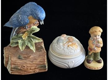 3pc Ceramic Lot Incl. 1985 Golden Dreams Porcelain Music Box & More