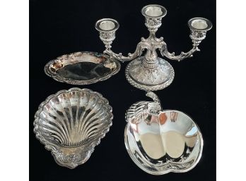 4pc Silverplated Candle Holder, Trays,  & More