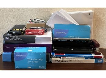 Assorted Lot Of Office Supplies Incl. Envelopes, Office Paper, Staples, & More