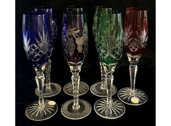 7 Multi-color Crystal Clear Etched Crystal Champagne Flutes Made In Hungary